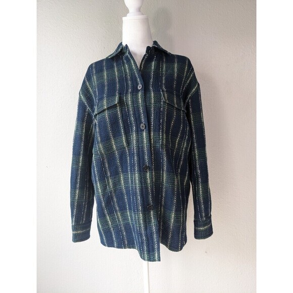 Aritzia BABATON Joan Oversized Shirt Jacket Navy Green Tweed Plaid Shacket Sz 1 - Picture 4 of 13
